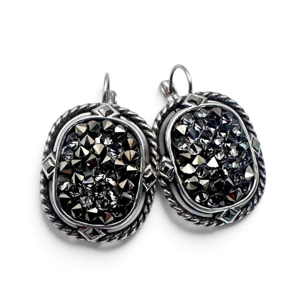 Brighton Crystal Rocks Gray Crystal Leverback Dangle Earrings Silver Plated
